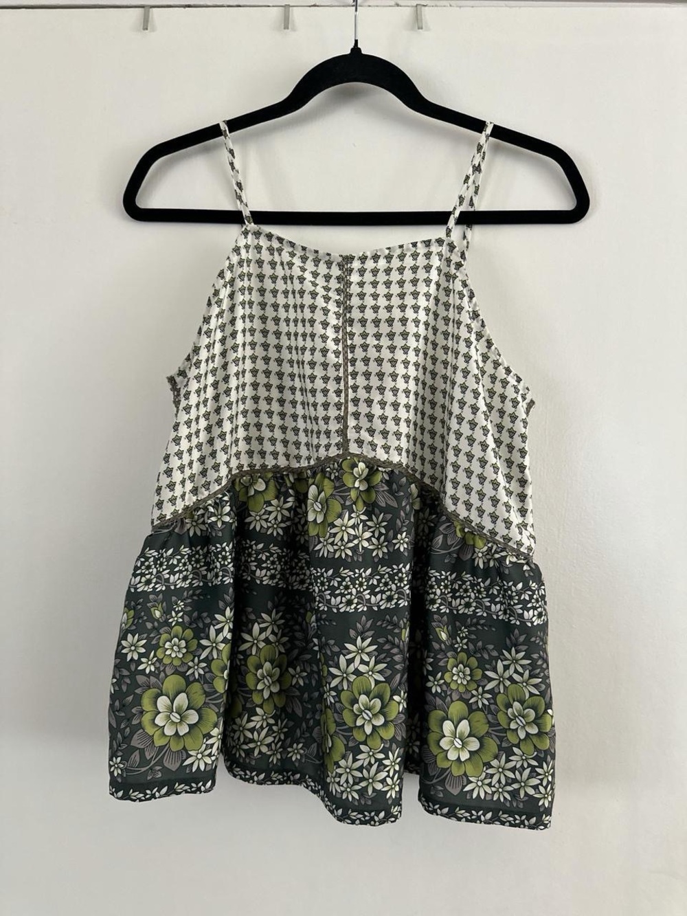 Anthropologie Cream and Green Mixed-Print Spaghetti Strap Camisole